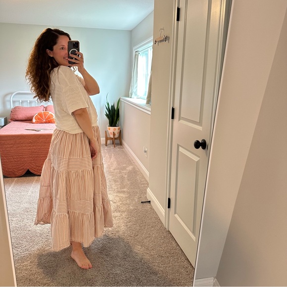 THE GREAT. Pink White Striped Cotton Tiered Maxi Skirt Small - Picture 3 of 10